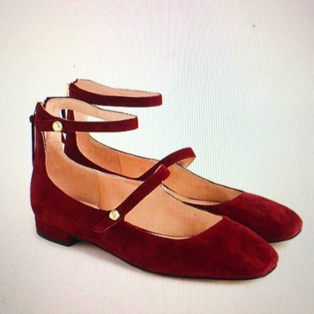 ❤️ J. CREW BURGUNDY SUEDE 7 BALLET FLATS ANKLE STRAP WOMEN'S SHOES MAROON WINE
